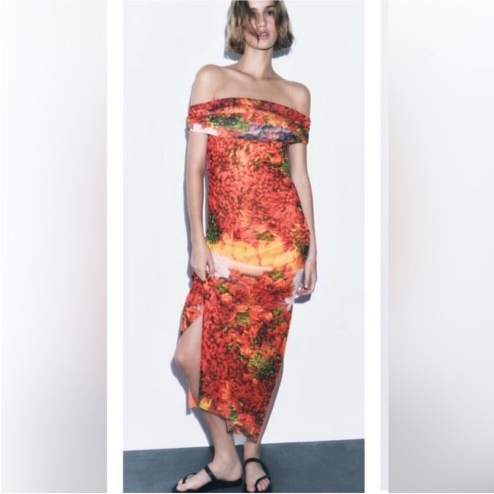 Zara Strapless Red and Orange Dress size S